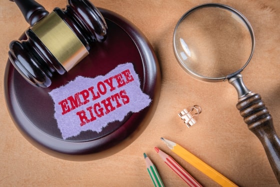 Employee rights written on a piece of paper placed upon a courtroom gavel next to a magnifying glass, 3 pencils and a paper clip